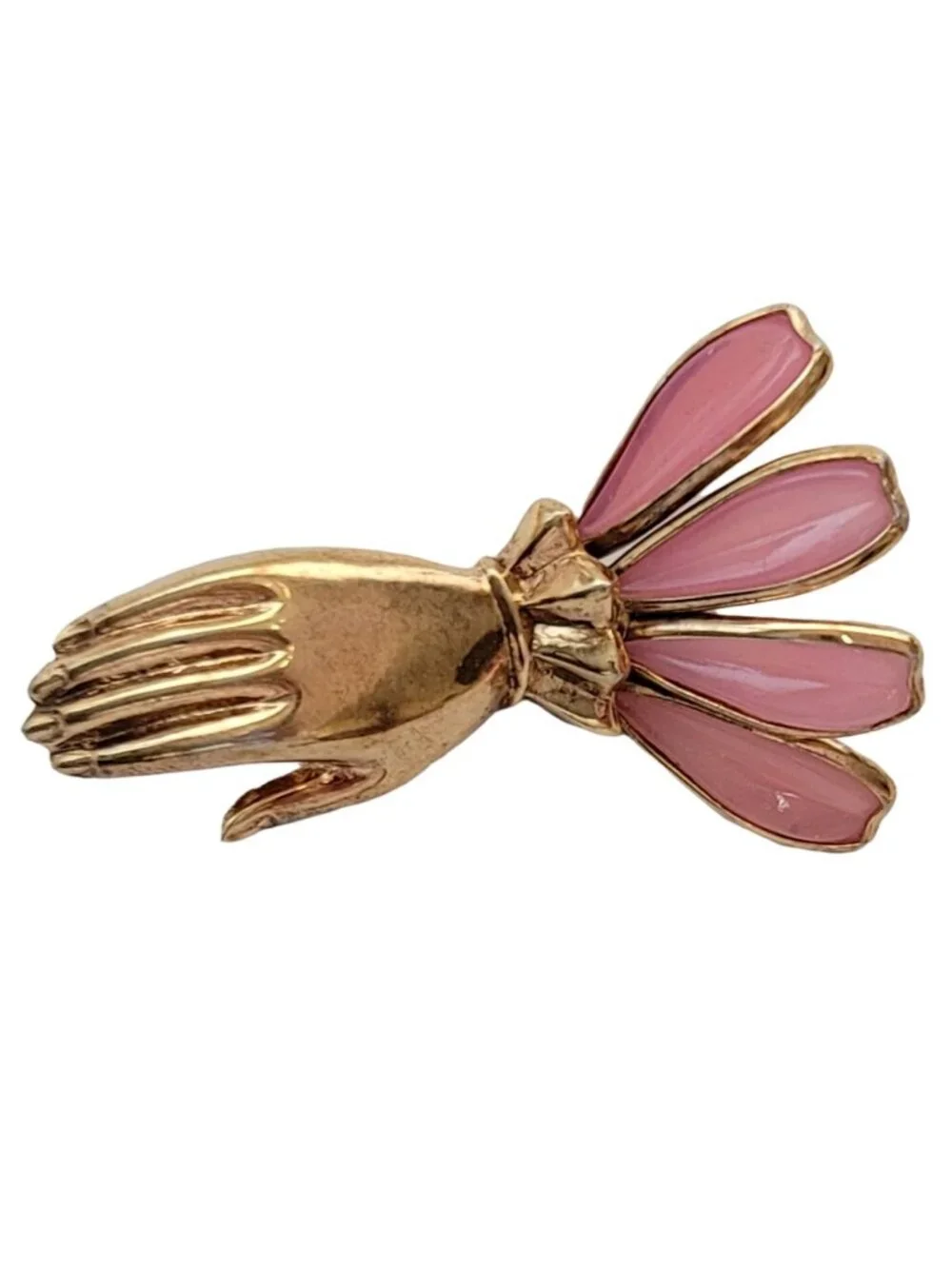 Trifari Gold-Tone Pink Poured Glass Hand Brooch, Philippe, N84